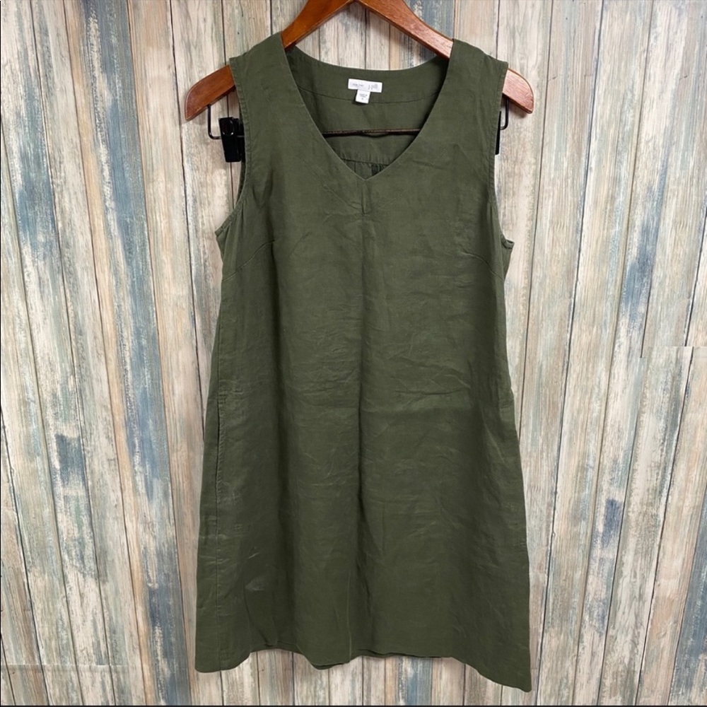 J. Jill Olive Green Sleeveless V-Neck Linen Shift Dress